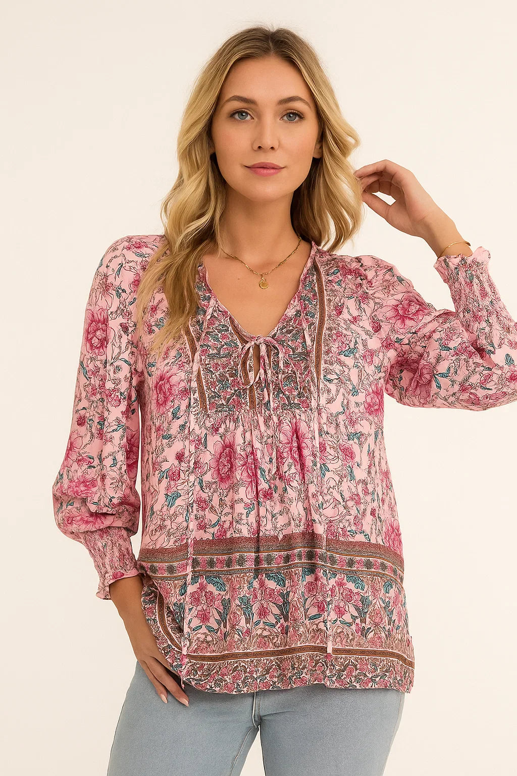 CLARA – Blusa con lazo floral y mangas abullonadas para mujer