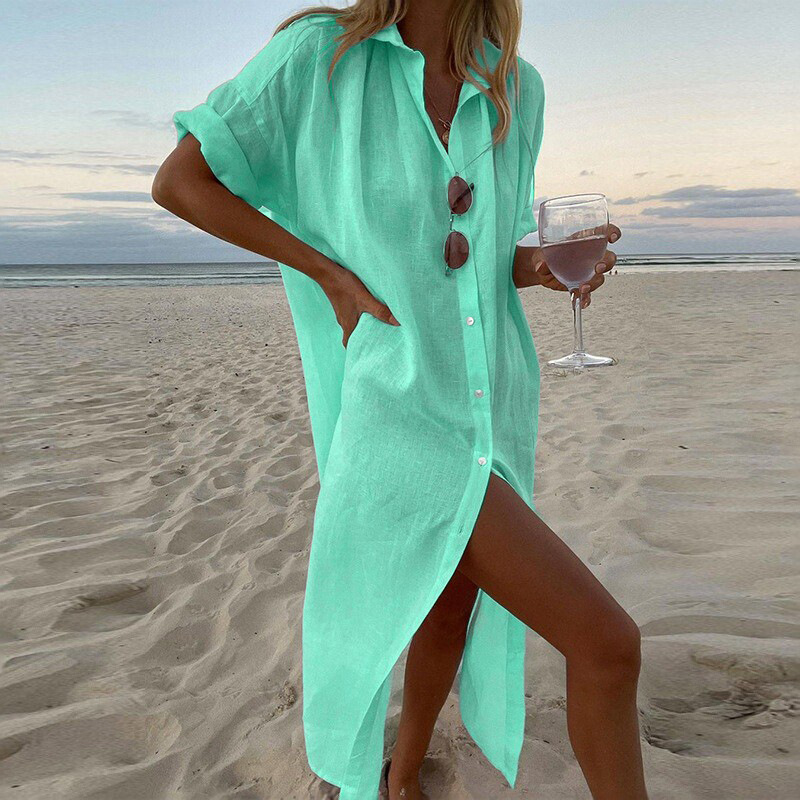 Lucía | Vestido de Playa de Lino Rosa Claro con Botones para Mujer 2