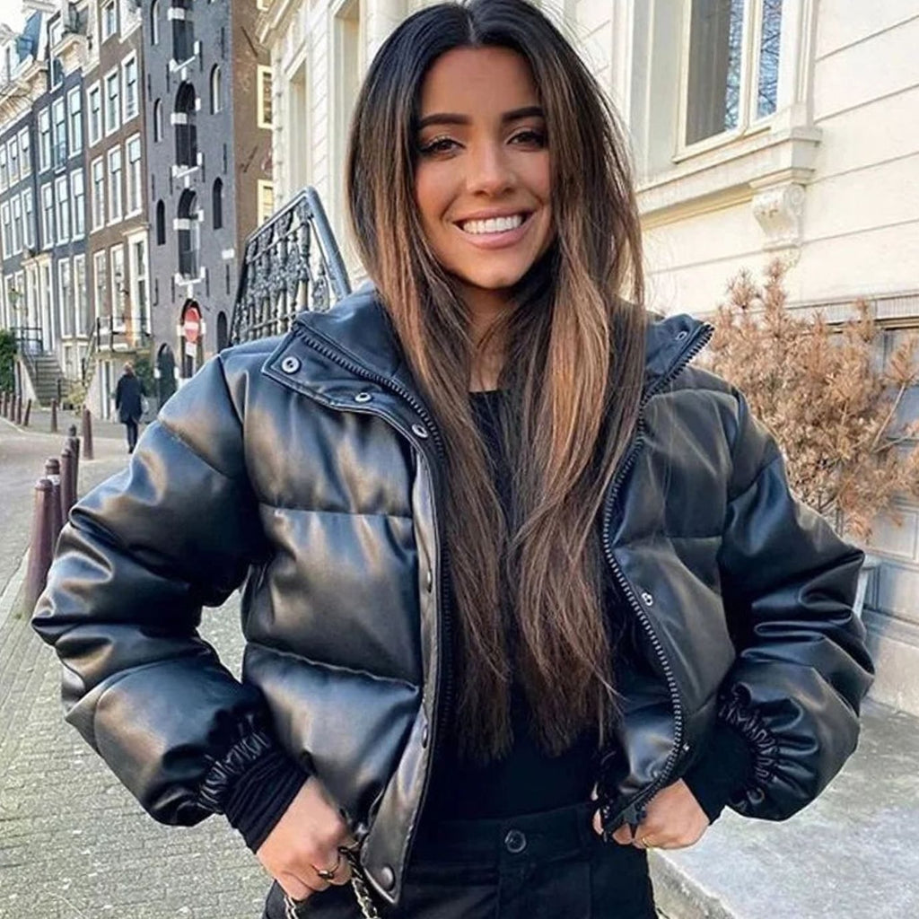 Cazadora acolchada de polipiel ANOUKA con capucha para mujer, vista frontal