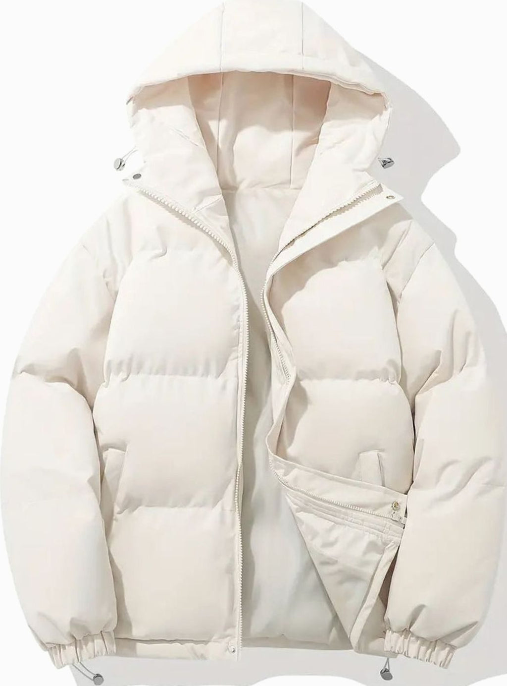 Vista lateral de la chaqueta acolchada con capucha para mujer