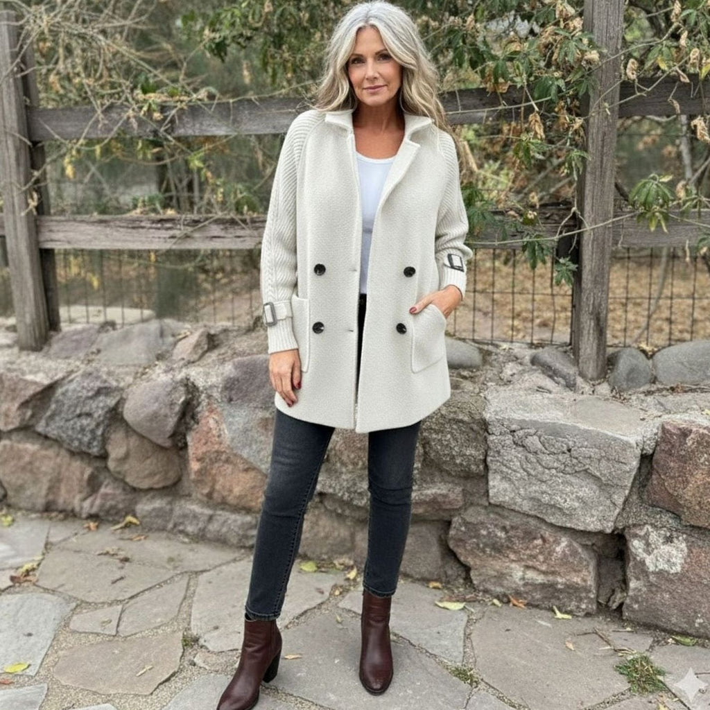 Mujer luciendo el abrigo cruzado Charlotte con jeans y botines