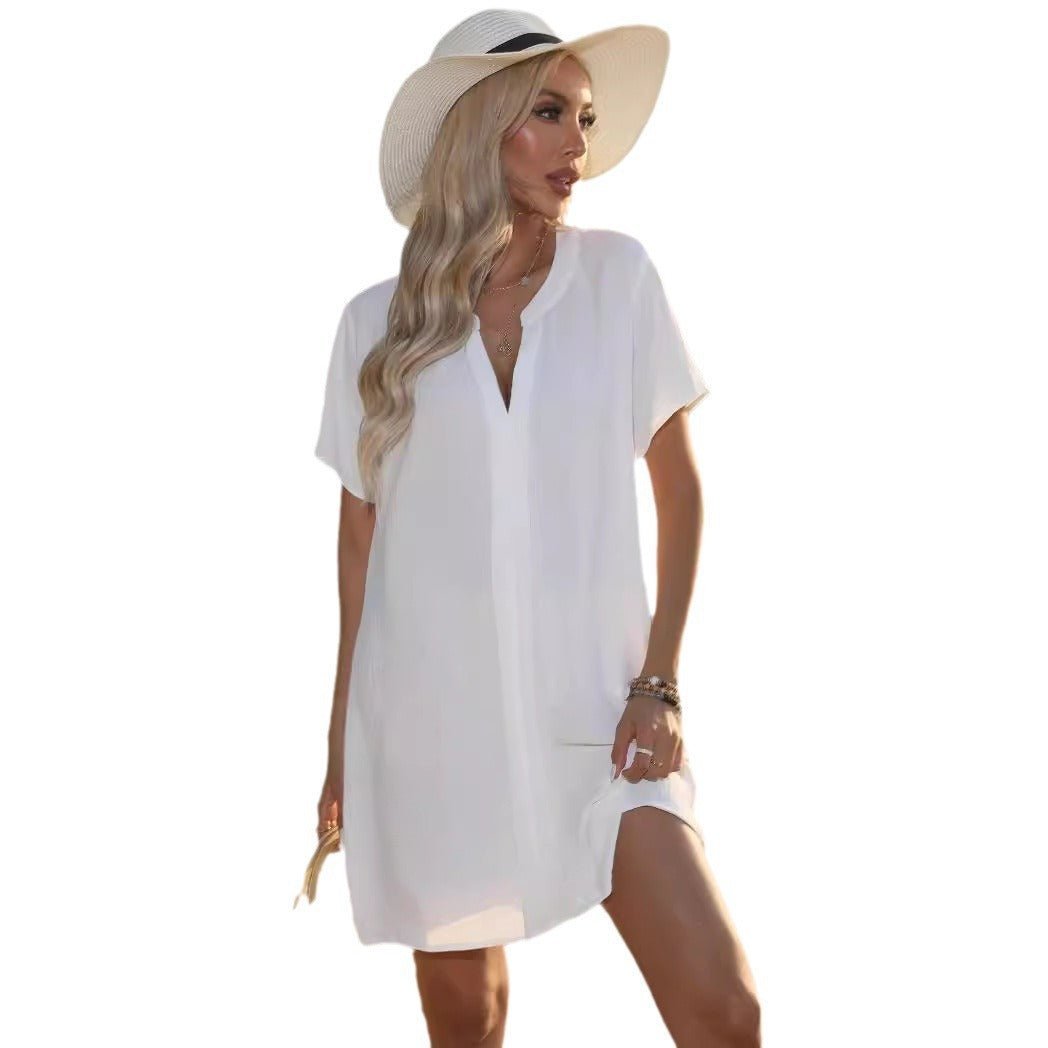 Clara | Vestido Blanco Túnica Casual de Manga Corta con Escote en V para Mujer - Noa Lagos