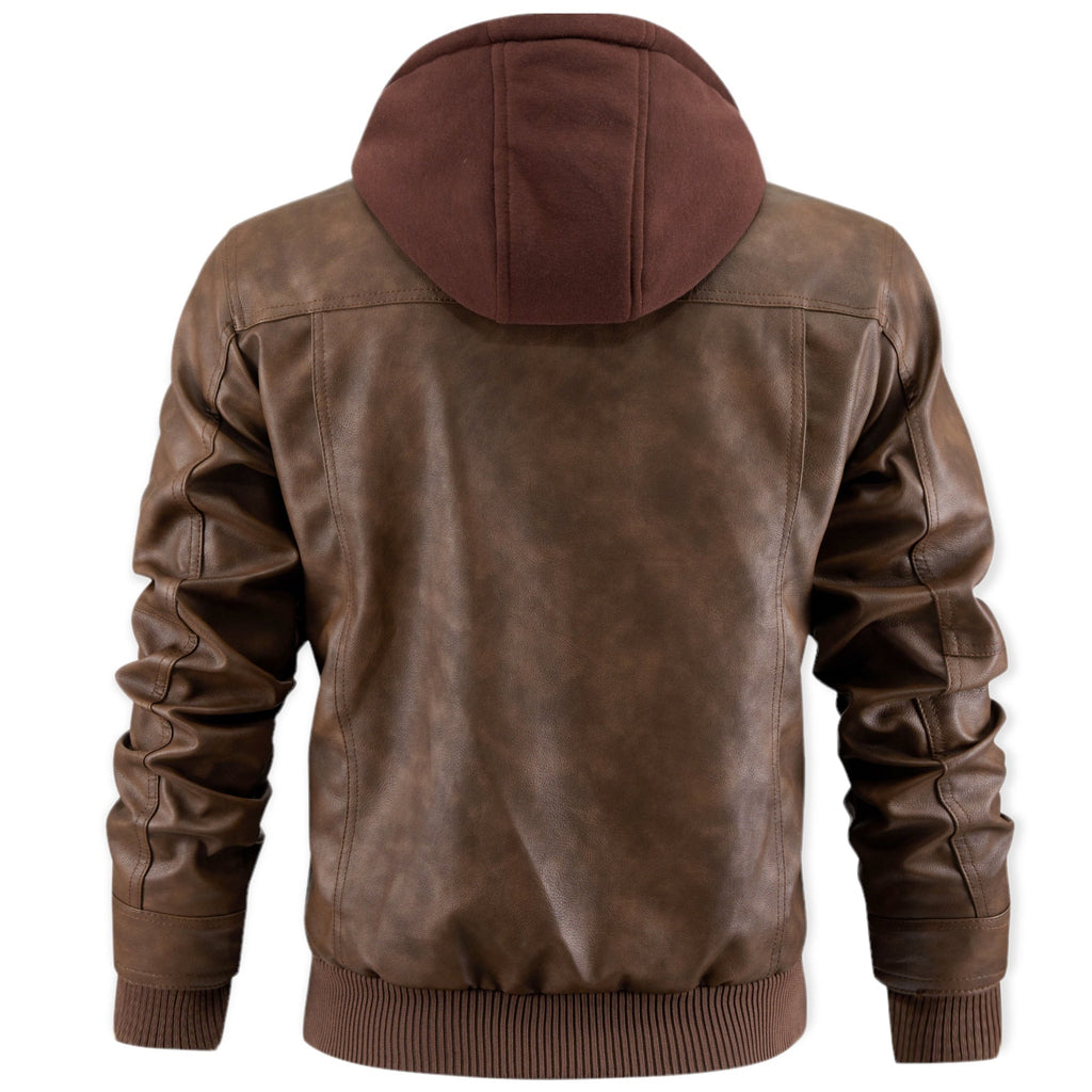 Detalle textura de cuero sintético de la chaqueta Kane con capucha
