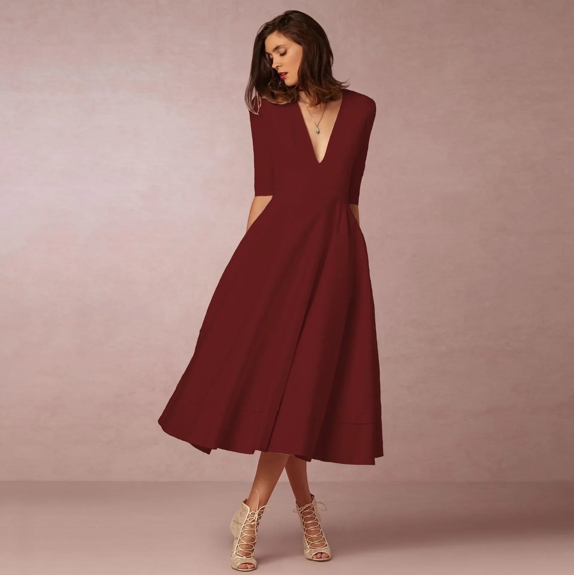 Mariela | Vestido Midi con Escote en V y Mangas al Codo | Elegante y Cómodo para Ocasiones Especiales - Noa Lagos