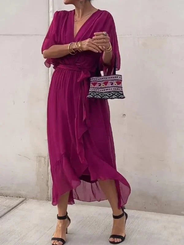 NAELLA | Vestido Midi Elegante para Mujer con Cinturón y Escote en V | Ideal para Eventos Especiales - Noa Lagos