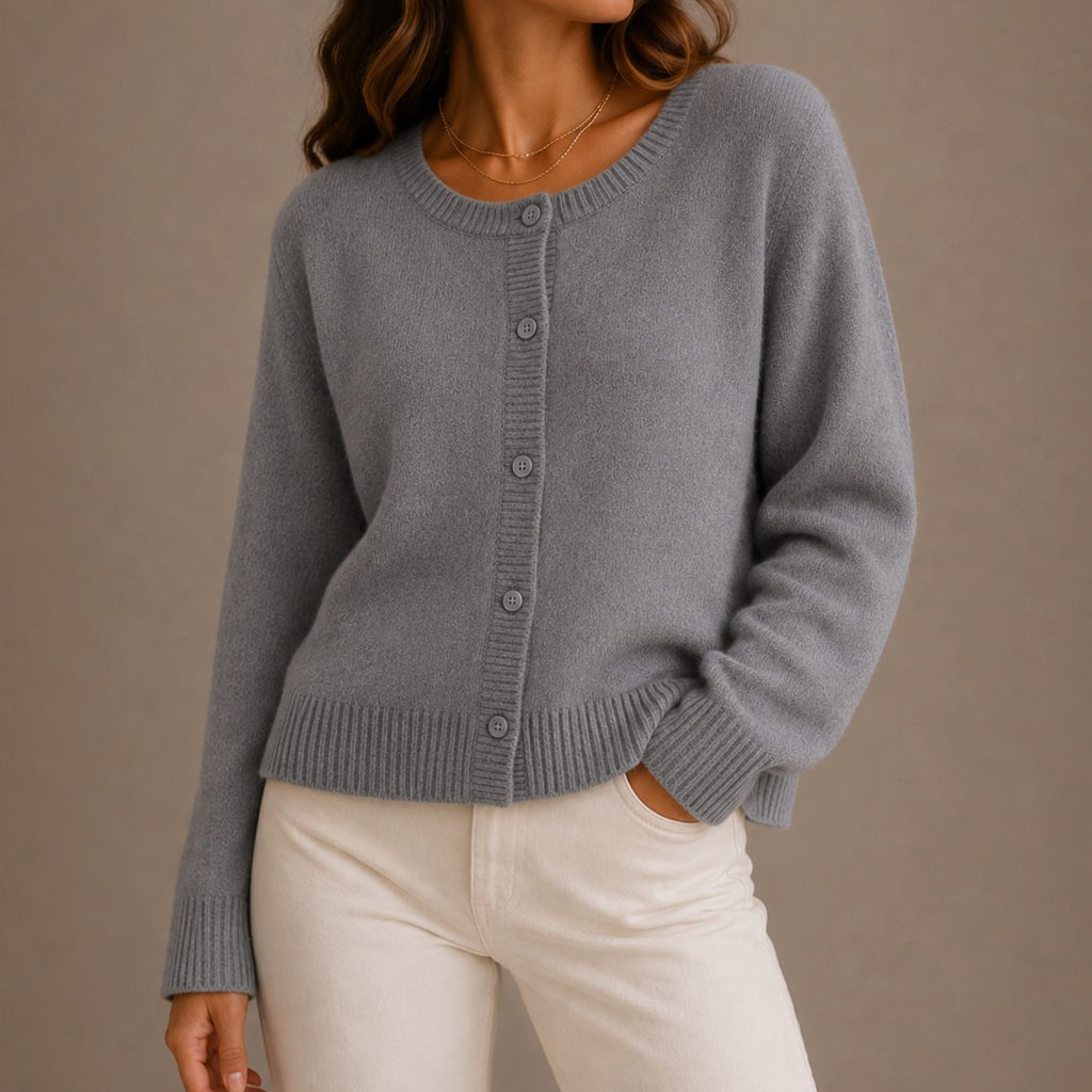 Chaqueta de punto mujer cuello redondo con botones, fit relajado, color gris