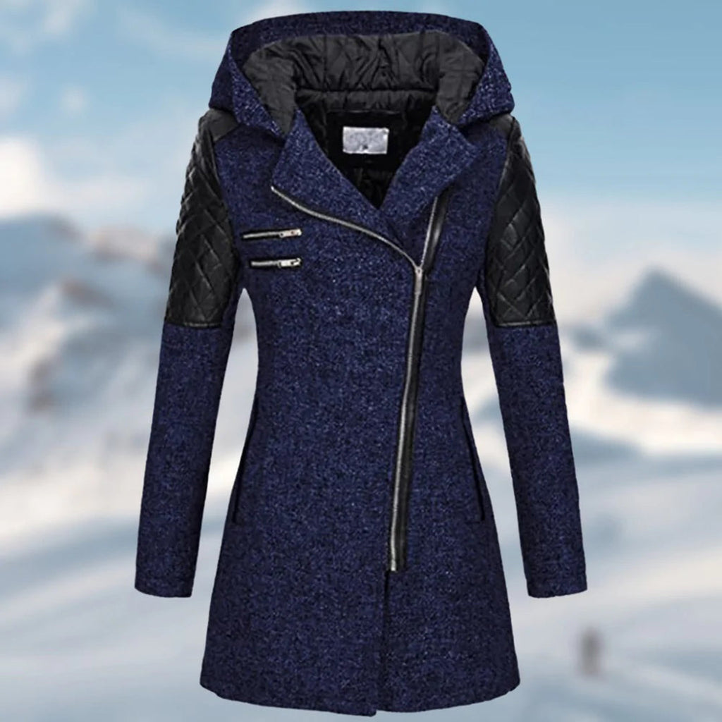 Detalle del cuello y cierre frontal del abrigo de invierno Novara para mujer