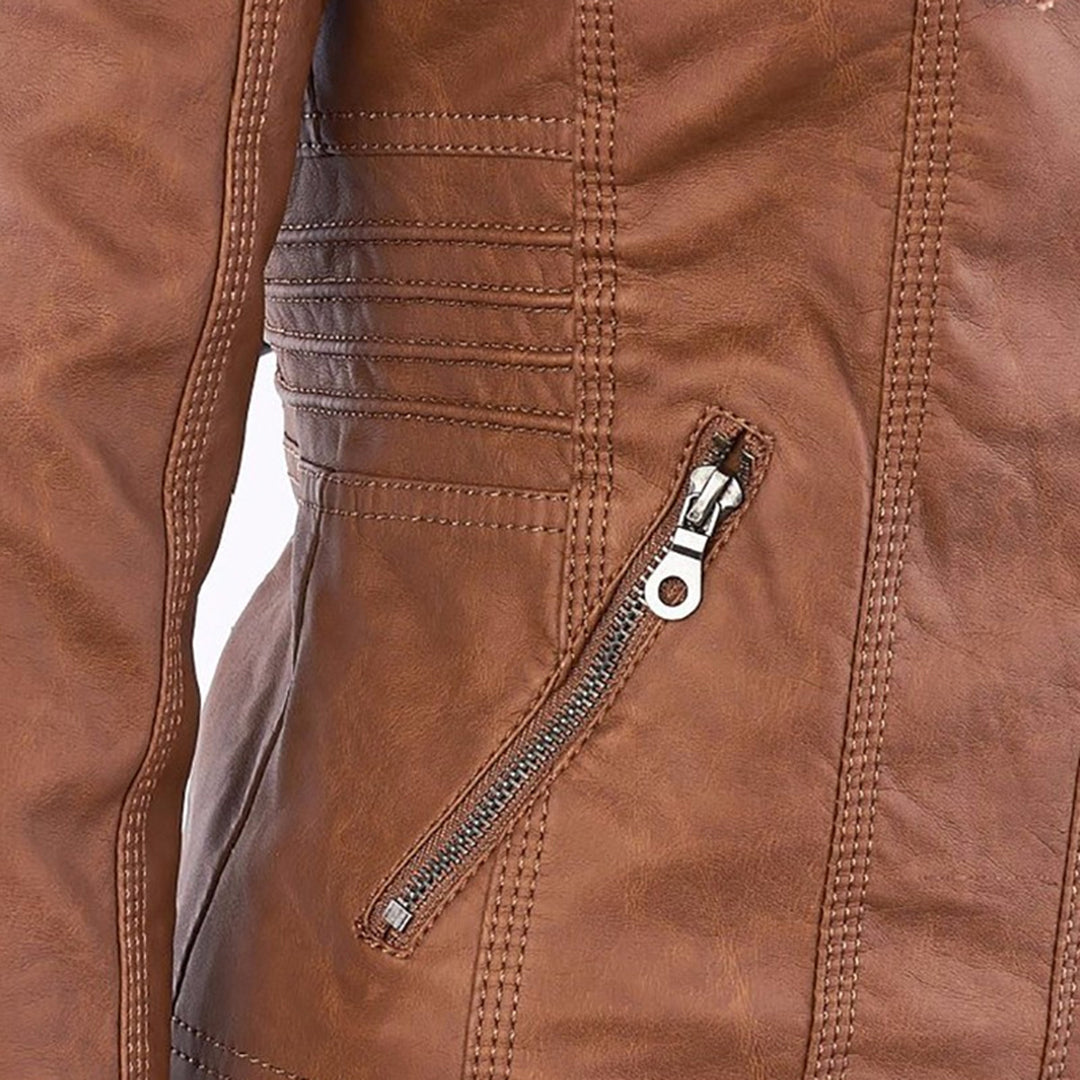 Chaqueta de cuero Aurora abierta mostrando el interior