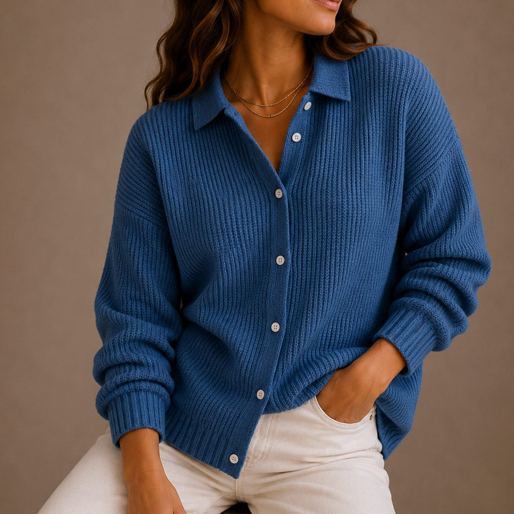 Cárdigan de punto canalé con cuello camisero y botones para mujer, corte relajado