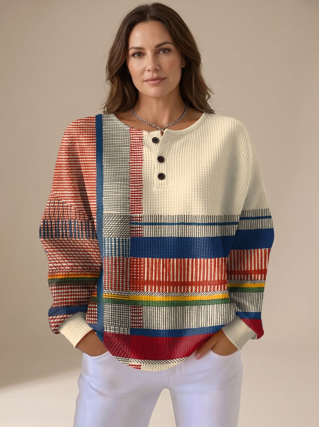 Mujer con jersey Henley de punto gofre color block, manga larga, estilo otoño invierno