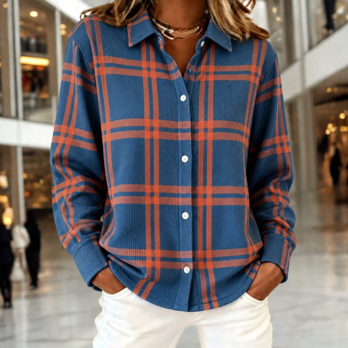 Camisa de cuadros azul y óxido de manga larga con botones, silueta holgada, para mujer