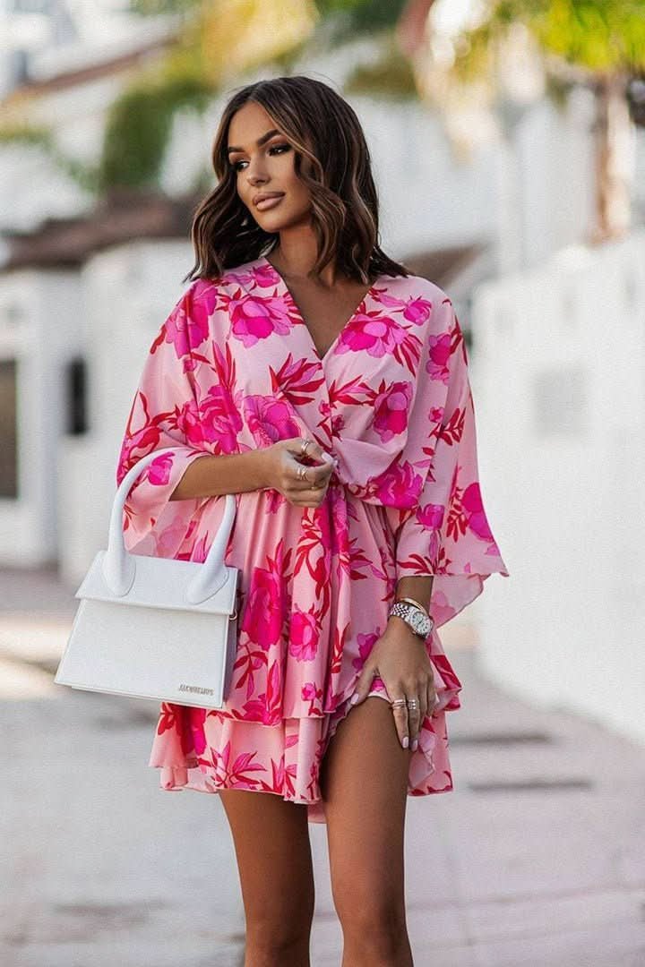 Valentina | Minivestido de cóctel con estampado tropical para mujer con falda escalonada - Noa Lagos