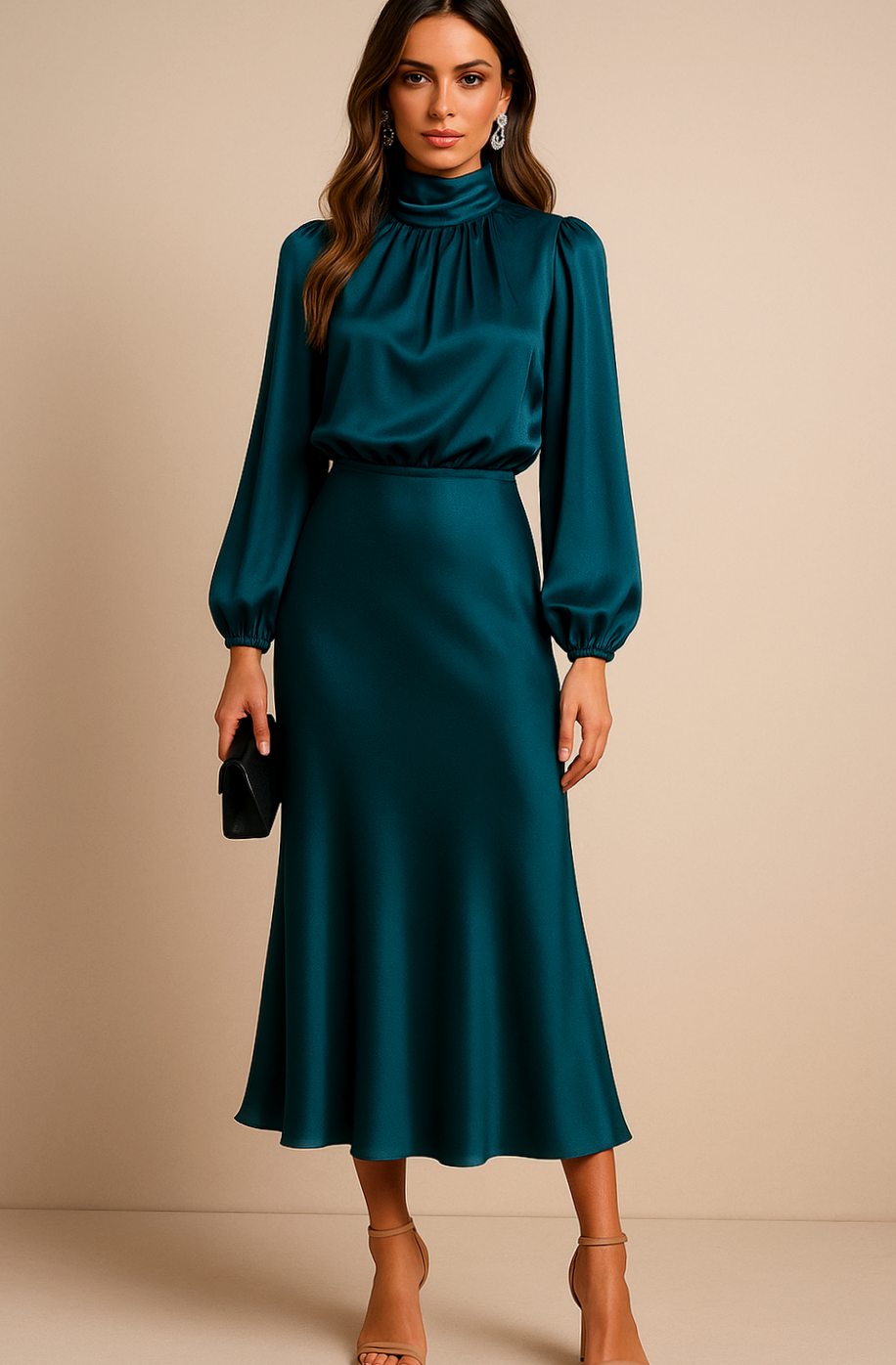 Vestido de satén midi visto de espaldas mostrando su caída