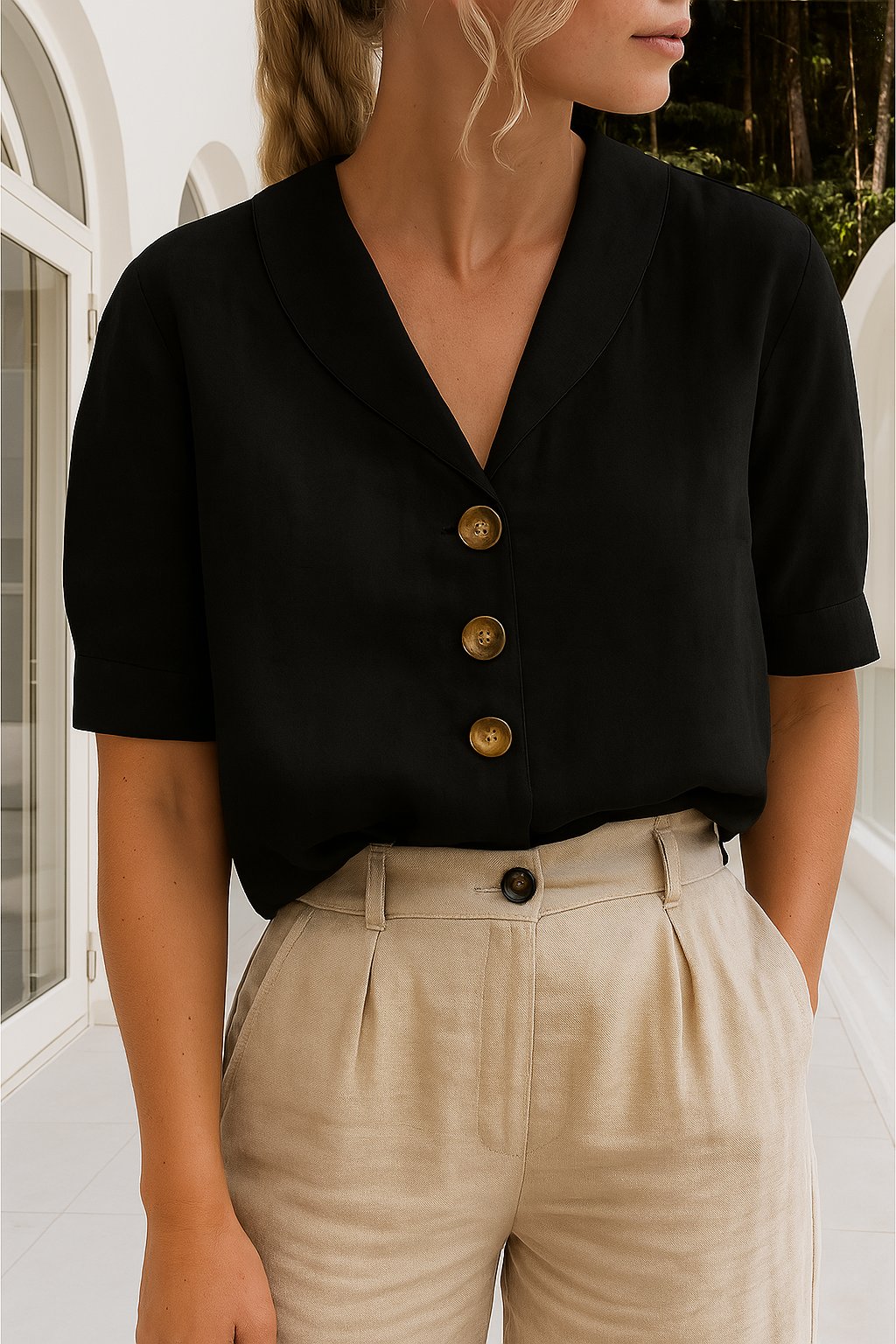 LUCÍA – Blusa de manga corta con cuello camisero para mujer